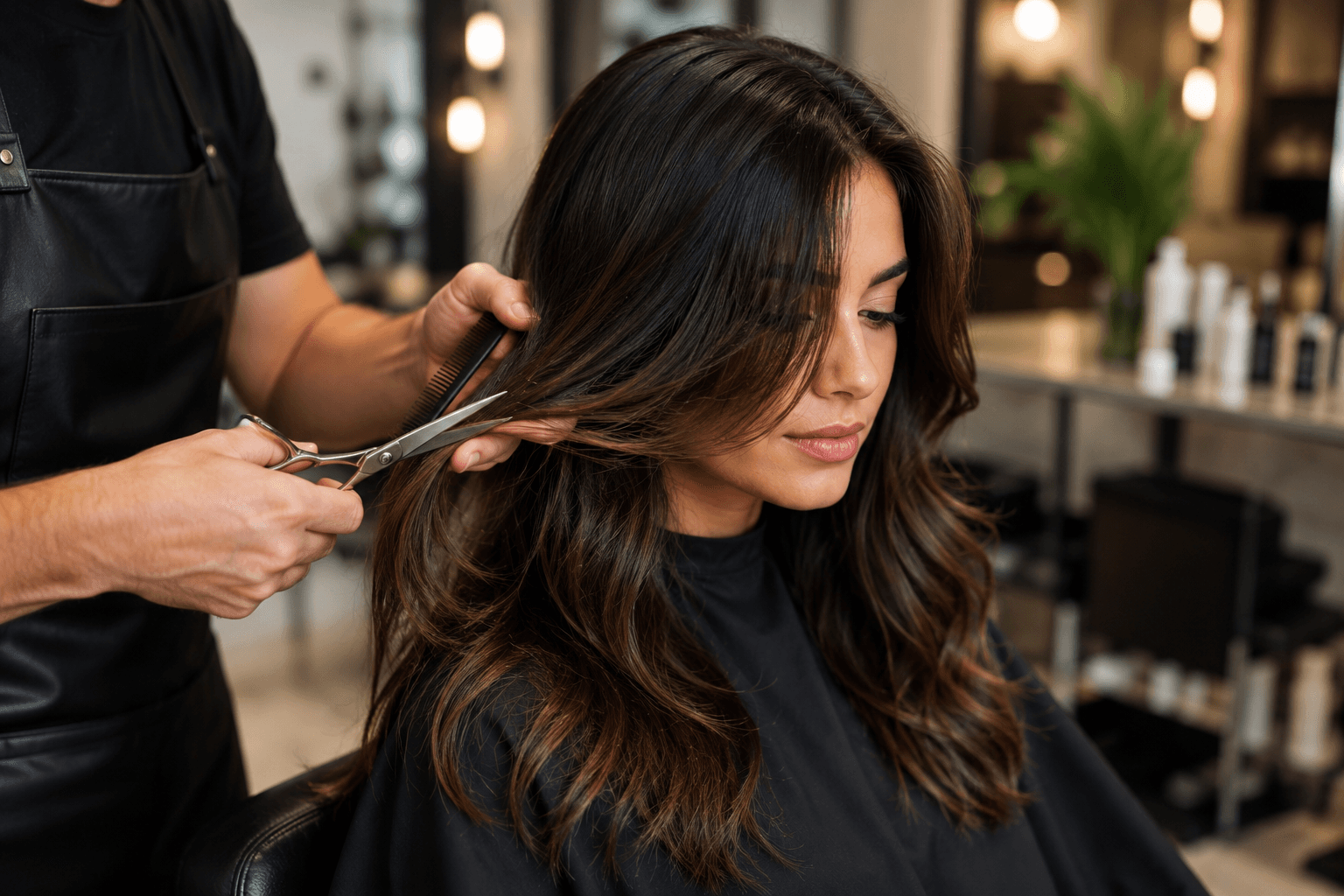 Cabeleireiro cortando o cabelo de uma cliente em um salão
