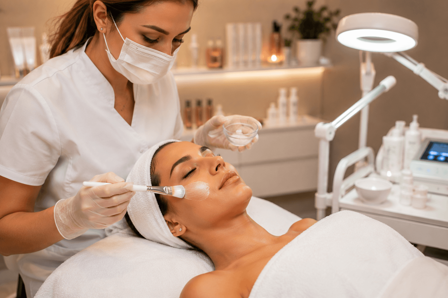 Esteticista aplicando máscara facial em uma cliente