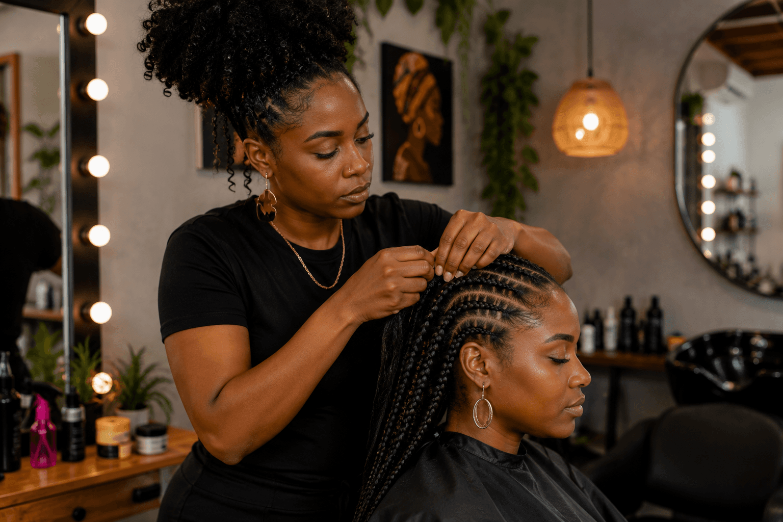 Trancista fazendo tranças no cabelo de uma cliente